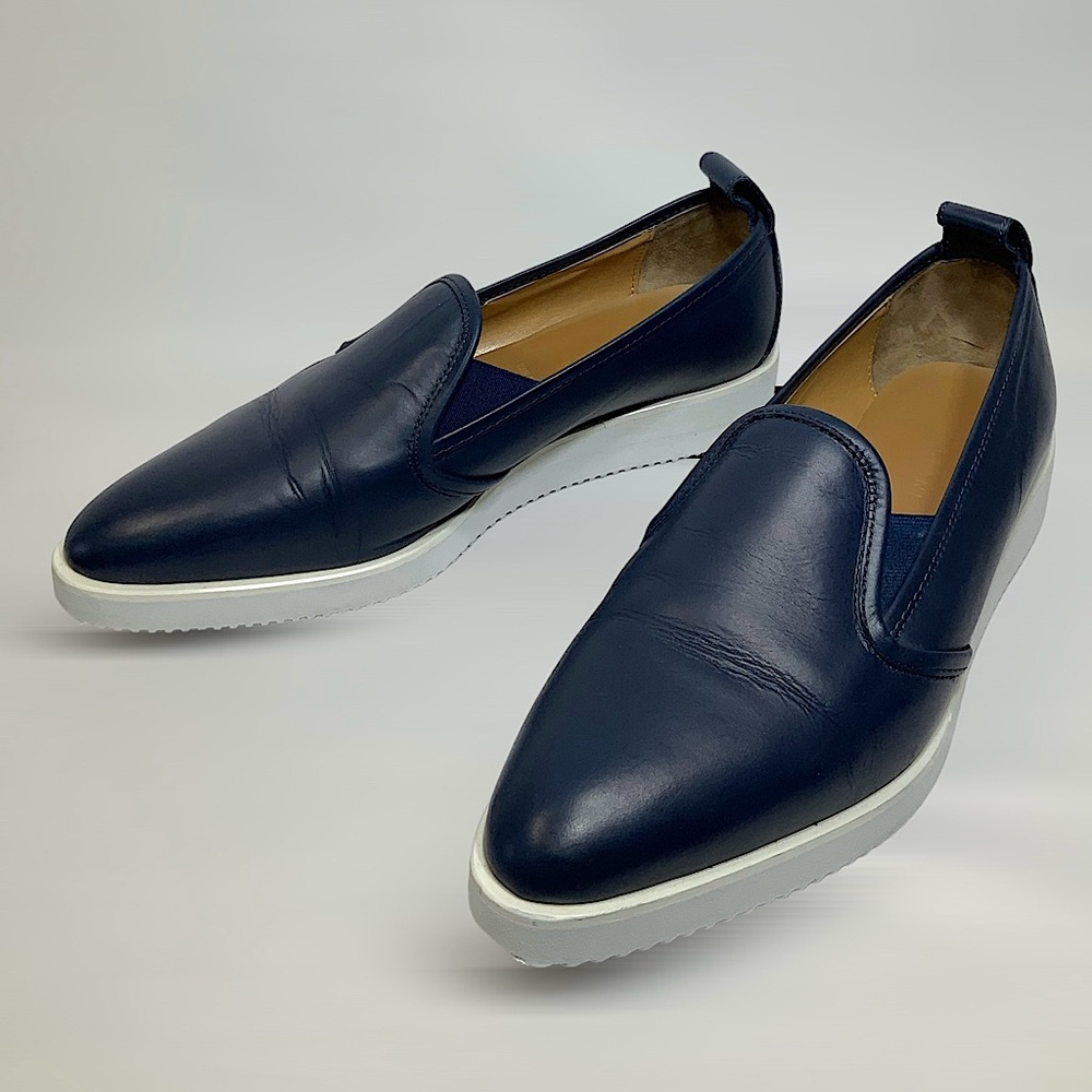 Everlane The Leather Street Wedge Leather Loafer Shoes Size 9 in Navy Fits 8.5